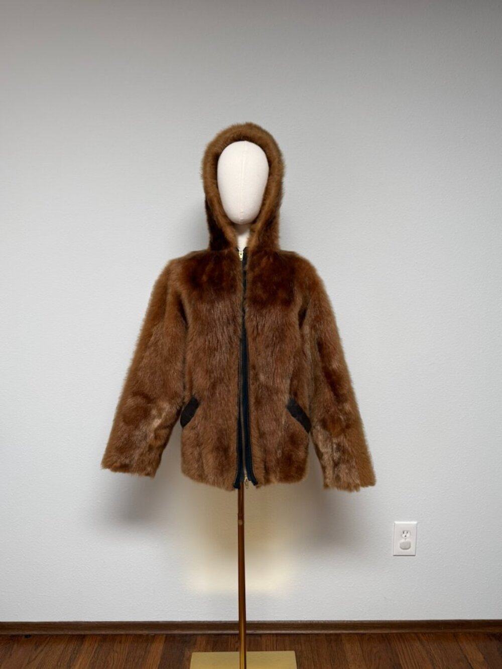 Vintage Walt Stiel Mid Century Fuzzy Fur Hooded Bomber Parka Jacket Size Small